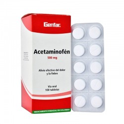 Acetaminofén, caja por 100 unidades (500 mg).