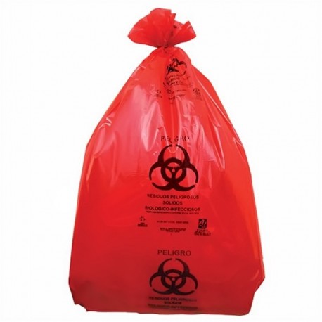 Bolsa roja para disposición de desechos o riesgo biológico.
